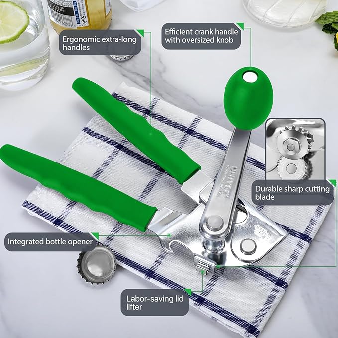 Commercial Can Opener, UHIYEE Hand Crank Can Opener Manual Heavy Duty with Comfortable Extra-long Handles, Oversized Knob, Large Handheld Can Open Easy for Big Cans, Green - Image 2
