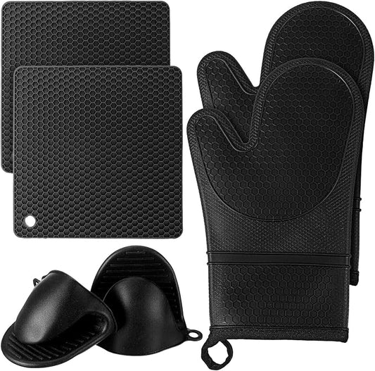 6 Pcs Oven Mitts and Pot Holders Sets for Kitchen, Extra Long Silicone Oven Gloves High Heat Resistant 500 Degrees Non-Slip Potholders Hot Pads for Baking Cooking (Black) by HOFURME