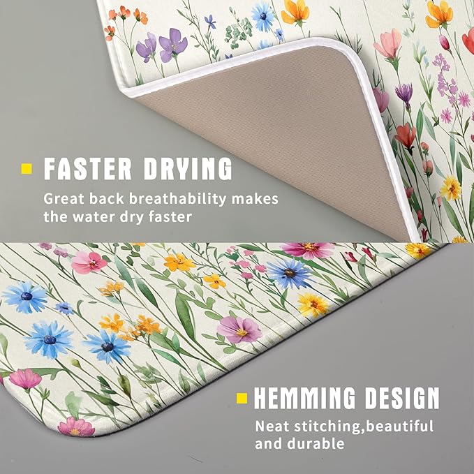 Giwawa Spring Floral Dish Drying Mat 16"x18" Watercolor Summer Wildflower Dish Drainer Mats Herb Flower Reversible Absorbent Dish Drying Pad Decor for Kitchen Countertop Dining Room