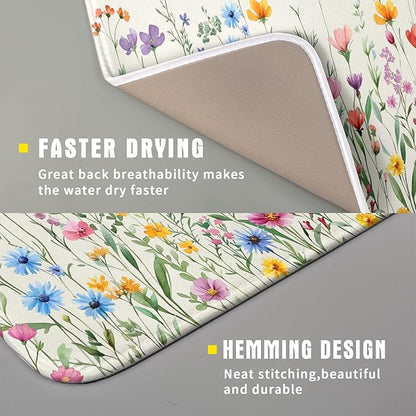 Giwawa Spring Floral Dish Drying Mat 16"x18" Watercolor Summer Wildflower Dish Drainer Mats Herb Flower Reversible Absorbent Dish Drying Pad Decor for Kitchen Countertop Dining Room