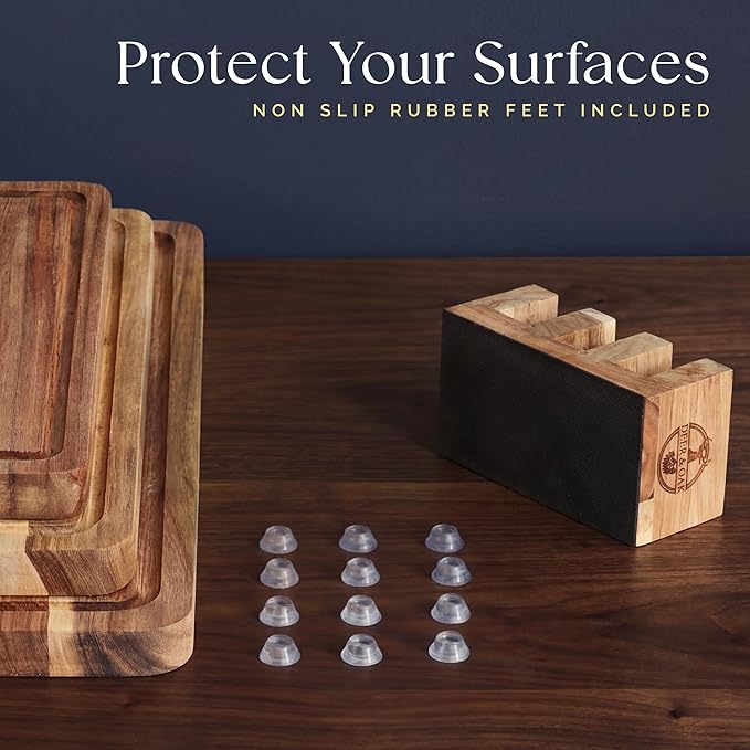 Pre-Oiled, Non Toxic 3-Piece Acacia Cutting Board Set with Stand, FSC Certified Wooden Chopping Boards, Includes 3.4 fl oz Chopping Board Oil, 3 Wood Carving Boards for Home, BBQ Kitchen, Deer & Oak - Image 10