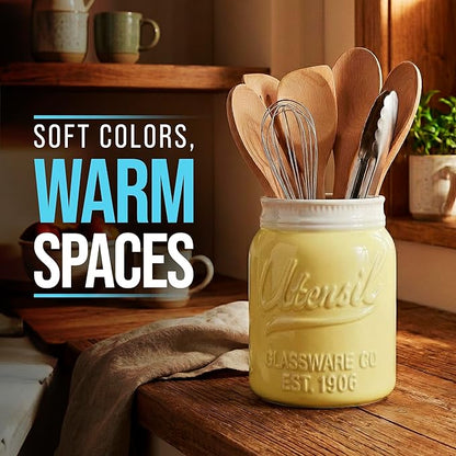 Comfify Wide Mouth Mason Jar Utensil Holder Decorative Kitchenware Organizer Crock, Dishwasher Safe - Kitchen Caddy Green, Large Size 7" High - Yellow - Image 5
