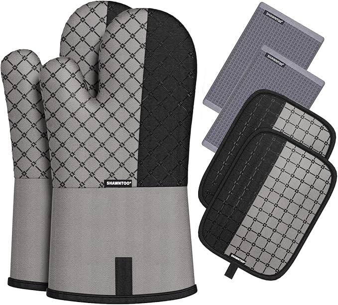 Oven Mitts and Pot Holders Sets 6pcs, Kitchen Oven Glove,High Heat Resistant 550 Degree Extra Long Oven Mitts and Potholders with Non-Slip Silicone Surface for Home Essentials (Grey) (Gray 2) by OvenMitts