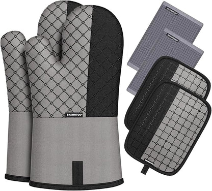 Oven Mitts and Pot Holders Sets 6pcs, Kitchen Oven Glove,High Heat Resistant 550 Degree Extra Long Oven Mitts and Potholders with Non-Slip Silicone Surface for Home Essentials (Grey) (Gray 2) by OvenMitts