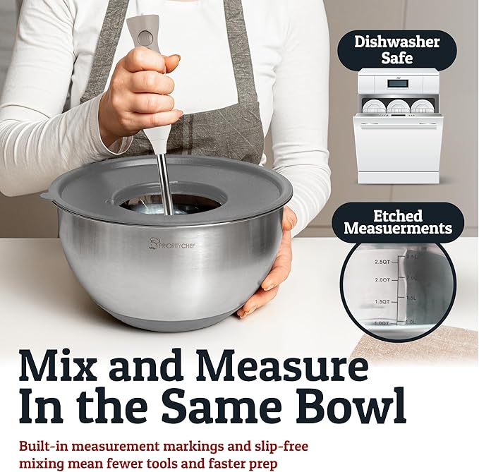 Priority Chef Stainless Steel Mixing Bowls with Lids Set, Metal Nesting Bowls with Airtight Lids, Graters, Non-Slip Base & Measurement Marks, Includes Utensil Set for Prep, Baking & Storage, Grey - Image 5