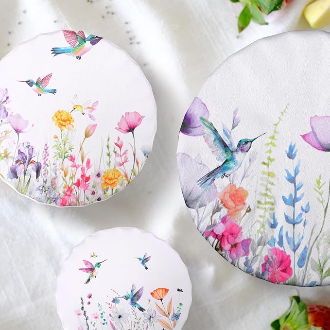 Patelai 10 Pcs Bowl Covers Reusable in 5 Size Stretch Cloth Fabric Elastic Food Storage Bowl Covers Bread Sourdough Lids for Proofing Food Fruits Leftover(Multicolor,Hummingbird Style) - Image 3