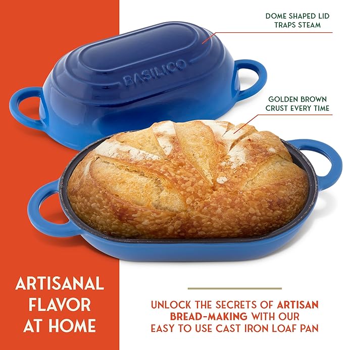 Enameled Cast Iron Bread Oven 2 Qt (Blue), Non-Stick Single Loaf Cast Iron Bread Pan with Lid, Easy Homemade Sourdough Dutch Oven with Lid, Oven-Safe Artisan Bread Baking Pan