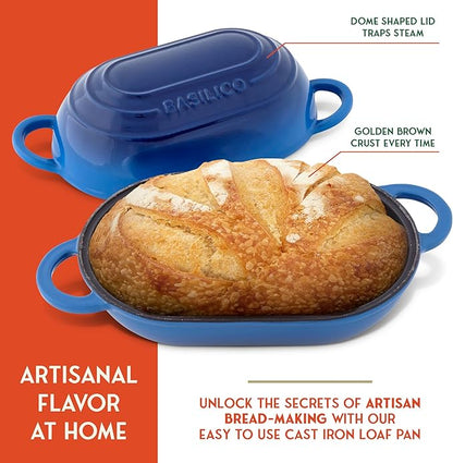 Enameled Cast Iron Bread Oven 2 Qt (Blue), Non-Stick Single Loaf Cast Iron Bread Pan with Lid, Easy Homemade Sourdough Dutch Oven with Lid, Oven-Safe Artisan Bread Baking Pan
