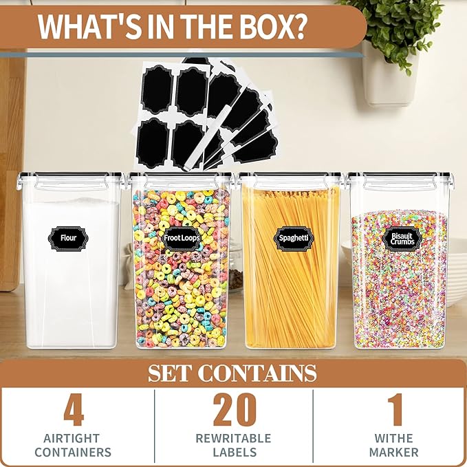 PRAKI Extra Large Tall Airtight Food Storage Containers 6.5L / 220oz, BPA Free, 4pcs Pantry Kitchen Organizers and Storage for Flour, Sugar, Plastic Flour Container with 20 Labels & Maker - Image 3