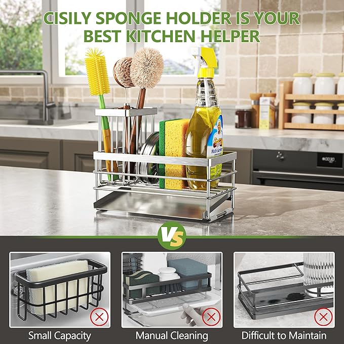 Cisily Sink Caddy Sponge Holder for Kitchen with Brush Holder and Stainless Steel Self Drain Tray, Rustproof Kitchen Sink Organizer for Sponge, Soap Dispenser Storage Accessories (Stainless Steel) - Image 2