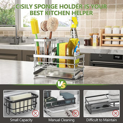 Cisily Sink Caddy Sponge Holder for Kitchen with Brush Holder and Stainless Steel Self Drain Tray, Rustproof Kitchen Sink Organizer for Sponge, Soap Dispenser Storage Accessories (Stainless Steel) - Image 2