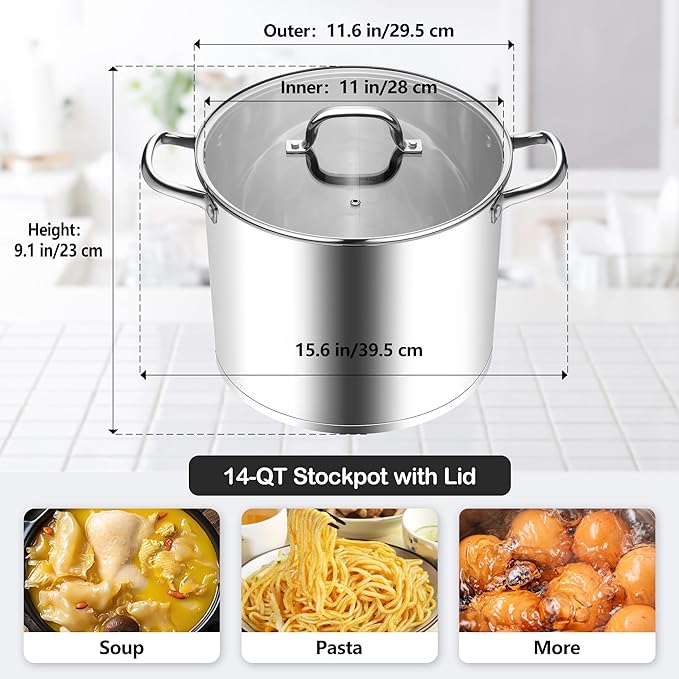 Homikit Large Stock Pot 14 Quart, Stainless Steel Chicken Soup Pot with Lid for Canning Steaming Stewing, Tri-ply Heavy Bottom Cooking Boiling Pasta Induction Stockpot, Dishwasher Safe - Image 2