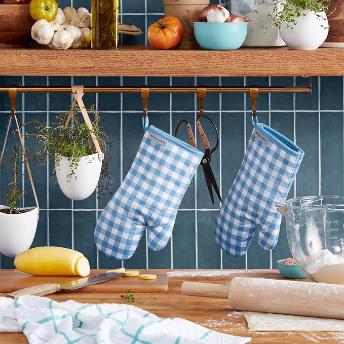 KitchenAid Gingham Oven Mitt 2-Pack Set, Blue Velvet, 7"x13" - Image 2