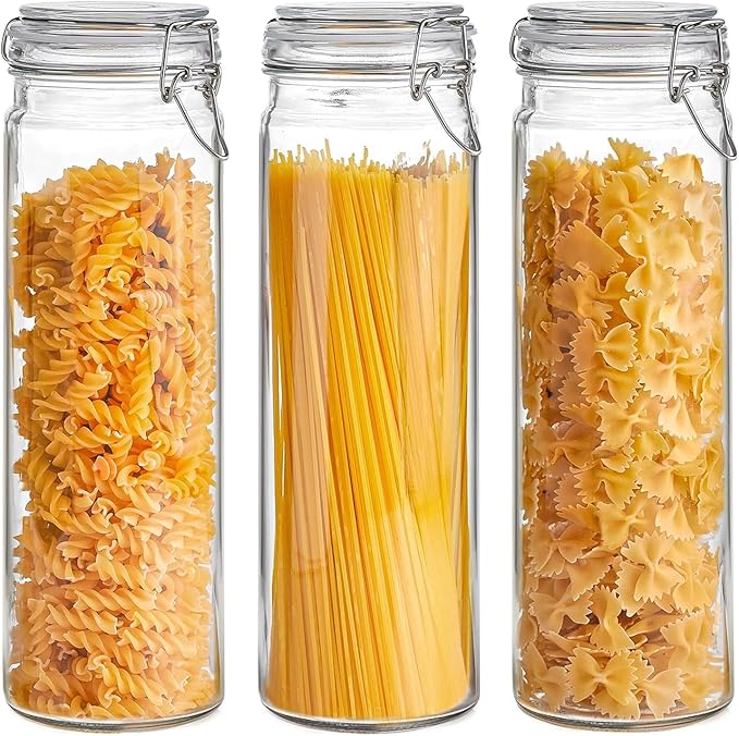 ComSaf 3-Pack 68oz 13-Inch Tall Glass Pasta Containers for Spaghetti & Long Pasta, Slender Airtight Canisters for Vertical Pantry Organization, Food Storage Jars for Linguine & Breadsticks by ComSaf