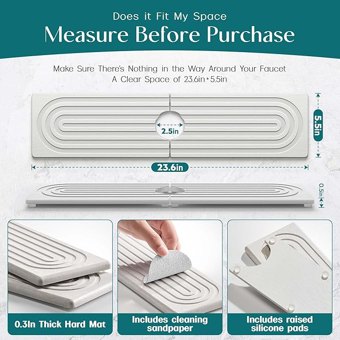 Large Faucet Mat for Kitchen Sink - Stone Drying Mat for Kitchen Counter, Diatomite Fast Drying Stone Sink Tray, Super Absorbent, Stylish Decor and Protector for Bathroom (Light Grey, 23.6" x 5.5") - Image 2