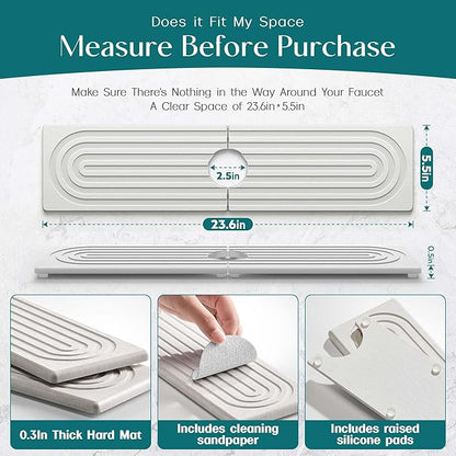 Large Faucet Mat for Kitchen Sink - Stone Drying Mat for Kitchen Counter, Diatomite Fast Drying Stone Sink Tray, Super Absorbent, Stylish Decor and Protector for Bathroom (Light Grey, 23.6" x 5.5") - Image 2