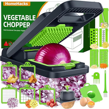 HomeHacks Vegetable Chopper Vegetable Cutter, 15 in 1 Kitchen Gadget, Dicer, Slicer, Onion Cutter, Salad, Cheese Grater & Egg Separator - Multi-Functional Veggie Chopper Lid with Handle (Green) by HomeHacks