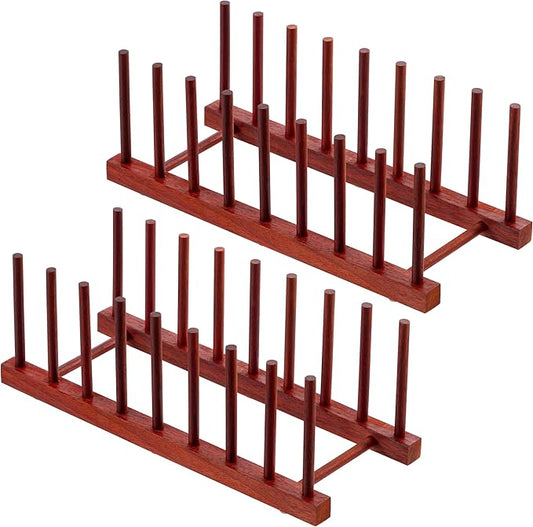 HBlife 2pcs Rosewood Wooden Dish Drying Rack - Home and Kitchen Organizer for Cups, Bowls, Pots, Lids, Cutting Boards & Plates Space-Saving for Cabinets Counters (8 Slots)