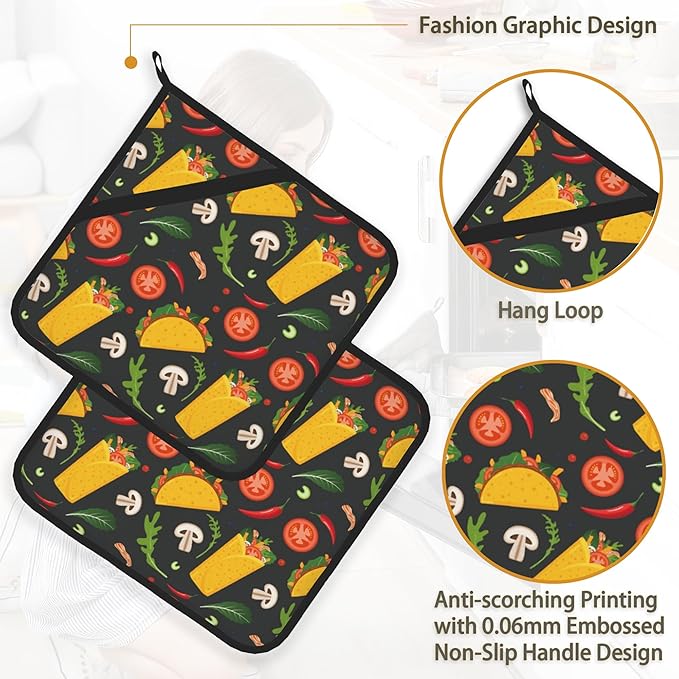 Cartoon Burrito Taco Hot Pepper Pot Holder Set of 2,Heat Resistant Potholders Oven Hot Pads for Kitchen Cooking Baking BBQ