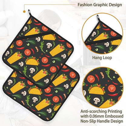 Cartoon Burrito Taco Hot Pepper Pot Holder Set of 2,Heat Resistant Potholders Oven Hot Pads for Kitchen Cooking Baking BBQ
