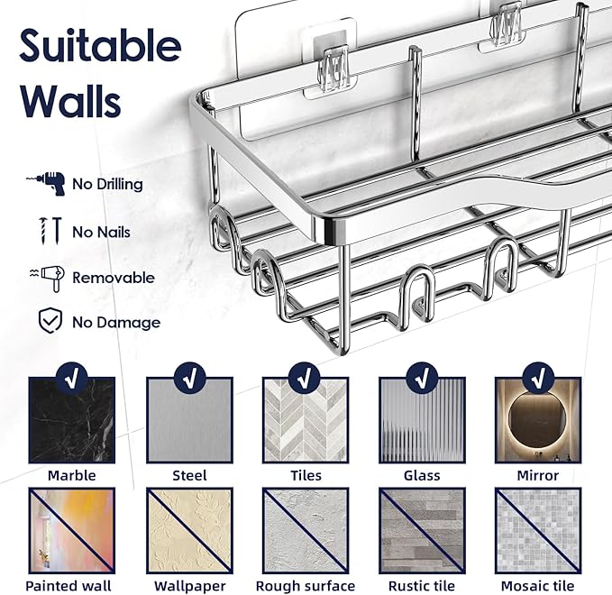 NESOMI Shower Caddy Adhesive Shower Organizer 7-Pack, Rustproof Stainless Steel Bathroom Shelves, Large Capacity No-Drill Rack Storage Accessories with Soap Dish Toothbrush Holder Hooks - Image 9