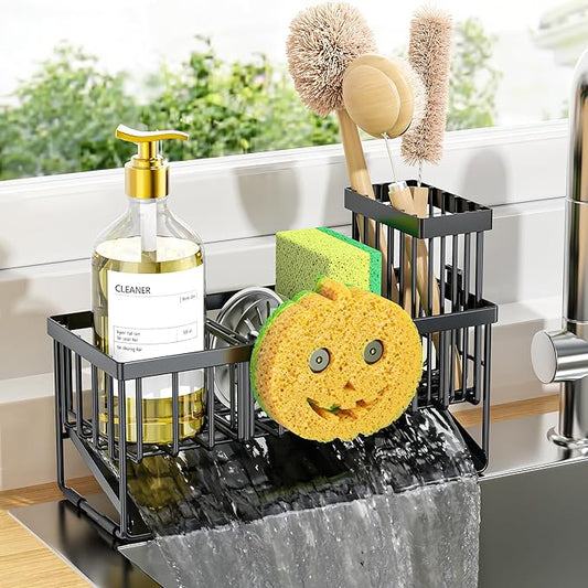 Cisily Kitchen Sink Caddy Organzier with High Brush Holder, Sponge Holder for Sink, 304 Rustproof Stainless, Kitchen Countertop Soap Dispenser Organizer (Black With Smiley Face Holder, 9.25″) by CISILYHOMELIFE