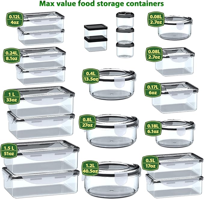 44 Pcs Food Storage Containers with Lids Airtight- (22 Stackable Boxes-22 Lids) Plastic Meal Prep Container for Pantry Kitchen Organization, Microwave, Dishwasher, Freezer Safe -100% Leak Proof - Image 2