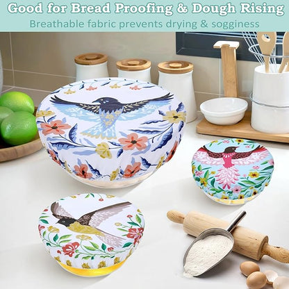 5-Size Reusable Beeswax Bowl Covers for Bread Proofing, Cotton Cloth Flexible Beeswax Wraps for Food Storage(Floral Bird) - Image 4