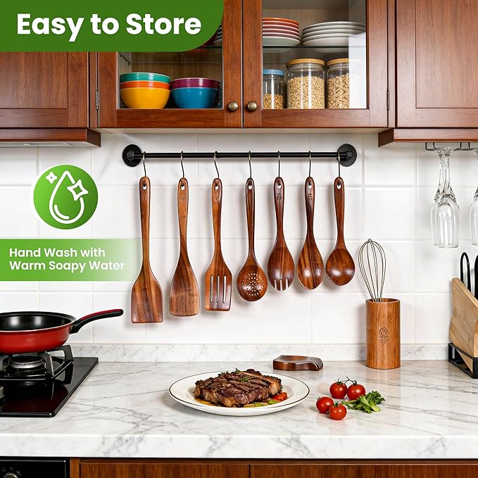 Teak Wooden Utensil Set 10 Piece, Kitchen Cooking Utensils with Holder and Hanging Hooks, Wooden Spoons and Spatulas for Cooking, Sturdy and Lightweight, Heat-Resistant Non-Stick Cookware