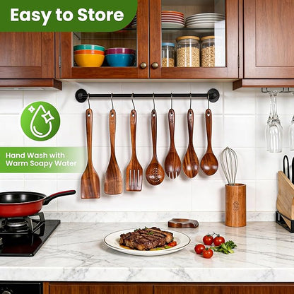 Teak Wooden Utensil Set 10 Piece, Kitchen Cooking Utensils with Holder and Hanging Hooks, Wooden Spoons and Spatulas for Cooking, Sturdy and Lightweight, Heat-Resistant Non-Stick Cookware