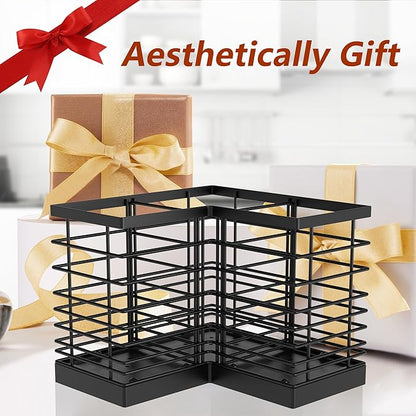 Suli Extra Large Kitchen Utensil Holder with 3 Compartments，Matte Black Metal Corner Kitchen Caddy for Countertop，Farmhouse Rustic Cooking Storage-Black - Image 6