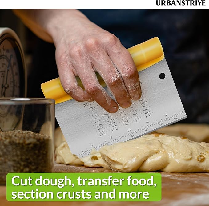 Urbanstrive Bench Scraper for Baking, Stainless Steel Dough Cutter and Scraper Tool Kitchen, Kitchen Scraper Food Scraper Tool Pizza Cutter Food Chopper, Multi-Purpose Kitchen Gadgets, Yellow - Image 3