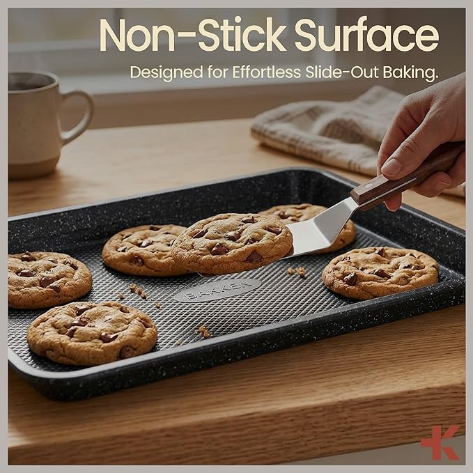 BAKKEN Kitchen Baking Pans - Nonstick Gray Coating, 13.58’’ × 9.65’’ Commercial Grade Carbon Steel Cookie Sheet, Diamond Texture Bottom, PFOA, PFOS, PTFE Free, Oven Safe Tray (450°F), Gray Marble - Image 5