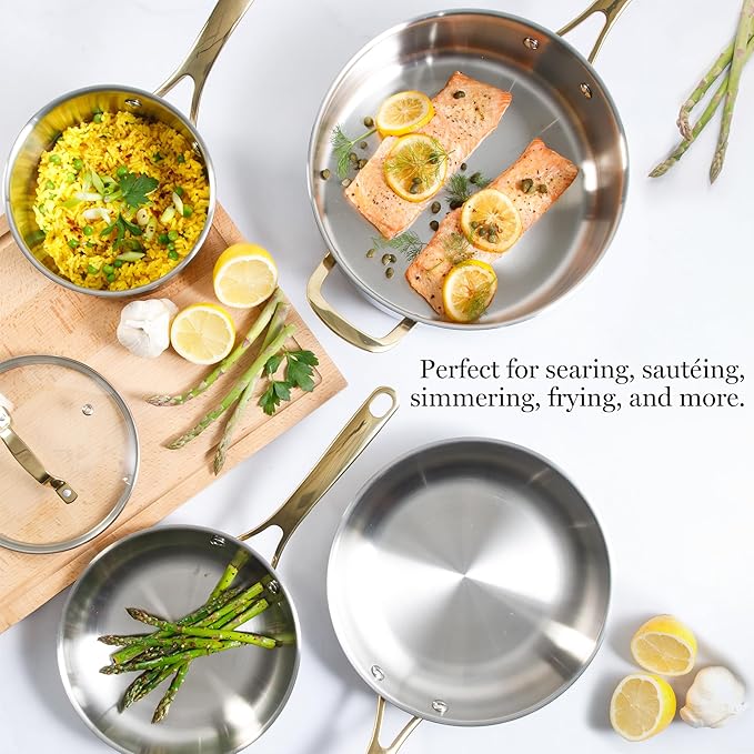 Martha Stewart Castelle 10 Piece 18/8 Durable Stainless Steel Induction Safe Pots and Pans Non-Toxic Kitchen Cookware Set - Gold Handles - Dishwasher Safe - Image 2