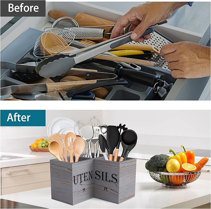 Suli Extra Large Kitchen Utensils Holder with 3 Compartments,Corner Shelf,Wooden Utensil Organizer for Kitchen Countertop, Farmhouse Decor, Rustic Cooking Utensil - Grey grain - Image 3