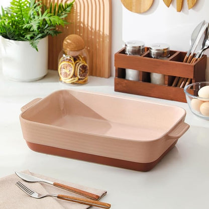 MALACASA 4.8 Qt Ceramic Oven Dish with Handles, 9 x 13 Inch Baking Dish Casserole Dishes, Deep Rectangular Lasagne Dishes Bakeware for Roasting (Khaki & Pink), Series TARA - Image 8