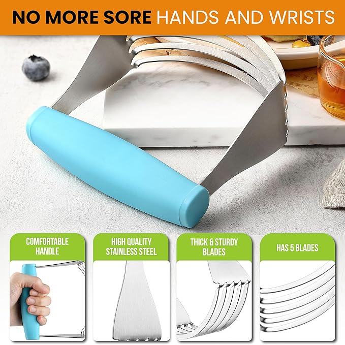 Spring Chef XL Dough Blender Tool For Baking, Heavy Duty Pastry Blender, Stainless Steel Pastry Cutter with Durable Blades, Dough Mixer, Butter Cutter for Easy Mixing, Dishwasher Safe - Aqua Sky - Image 4