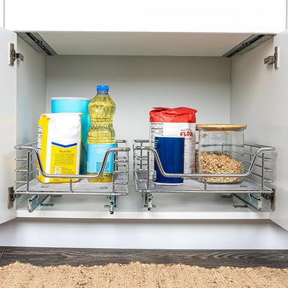Household Essentials Glidez Chrome-Plated Steel Extended Depth 1-Tier Sliding Under Sink Cabinet Organizer, Chrome