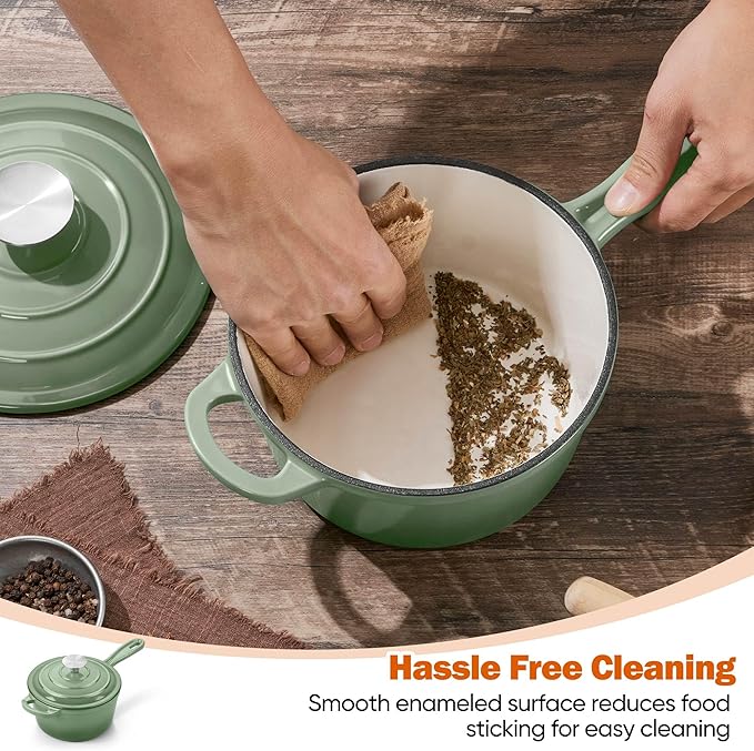 Homikit 2 Quart Saucepan with Lid, Enameled Cast Iron Small Sauce Pan Cooking Pot for Soup, Milk, Pasta, Nonstick Enamel Dutch Oven for All Cooktops, Heat Resistant Up to 500°F, Sage Green