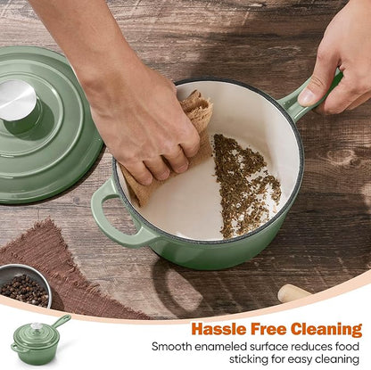 Homikit 2 Quart Saucepan with Lid, Enameled Cast Iron Small Sauce Pan Cooking Pot for Soup, Milk, Pasta, Nonstick Enamel Dutch Oven for All Cooktops, Heat Resistant Up to 500°F, Sage Green