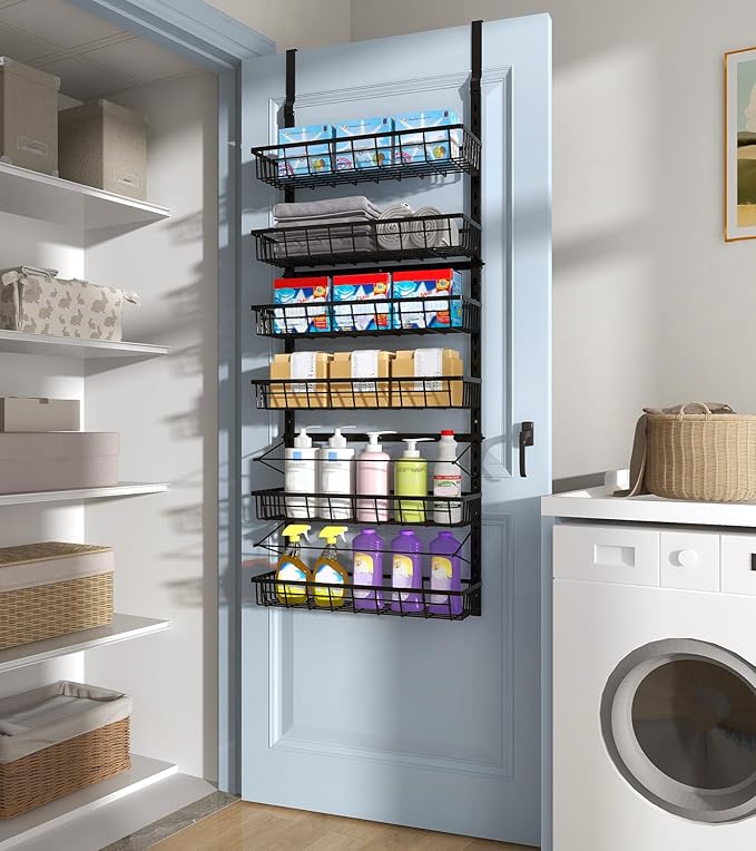 Mefirt Over The Door Pantry Organizer, Pantry Storage and Organization, 6-Tier Adjustable Hanging Baskets, Metal Wall Mount Spice Rack Seasoning Shelves for Home & Kitchen, Laundry Bathroom - Black - Image 8