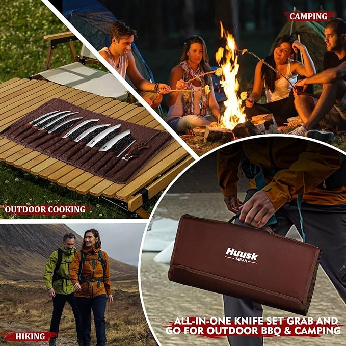 Huusk Butcher Knife Set, Hand Forged Butcher Chef Knife Set with Bag, Sharp Meat Cleaver & Bbq Carving Knives & Boning Breaking Knives for Kitchen & Camping, Christmas Gifts for Men Women - Image 3