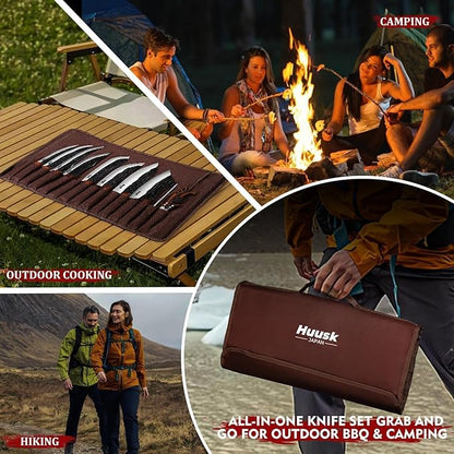 Huusk Butcher Knife Set, Hand Forged Butcher Chef Knife Set with Bag, Sharp Meat Cleaver & Bbq Carving Knives & Boning Breaking Knives for Kitchen & Camping, Christmas Gifts for Men Women - Image 3