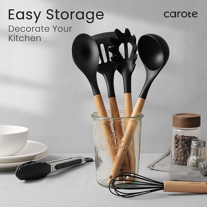 CAROTE Silicone Cooking Utensils Set for Nonstick Cookware, 446°F Heat Resistant Kitchen Utensil Set with Wooden Handle 10pcs, Spatula, Turner, Spoon, Tongs, Whisk - Image 8