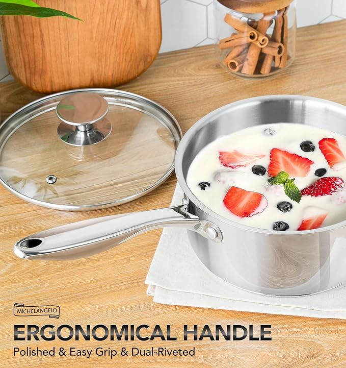 MICHELANGELO 4 Quart Saucepan with Lid, Thick Bottom Stainless Steel Saucepan with Cover, 4 QT Sauce Pot, Induction Ready & Dishwasher Safe - Image 5