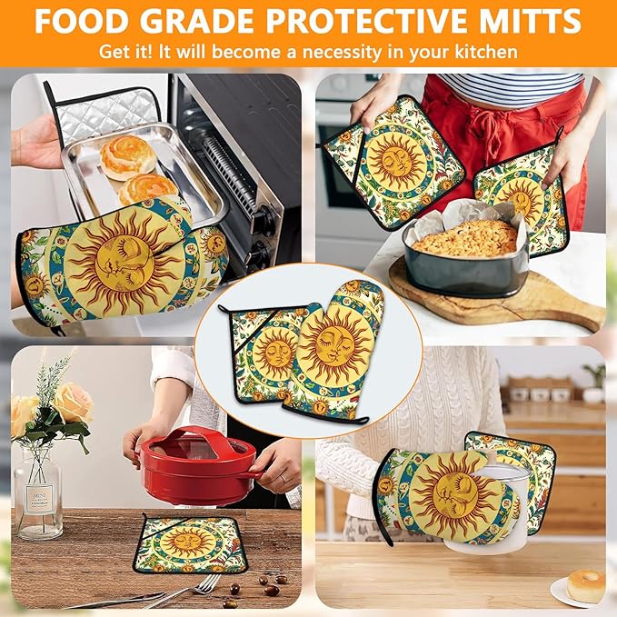 Sun and Moon Oven Mitts and Pot Holders Sets 4Pcs,Extra Long Oven Gloves Potholder for Kitchen Cooking Baking BBQ 100% Cotton Heat Resistant - Image 7