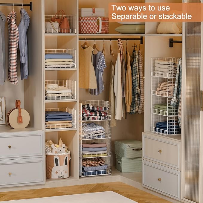 Yociyoga 4-Tier Stackable Closet Organizers and Storage Basket, Foldable Closet Shelf Organizer System, Space-Saving Clothes Storage Drawer Organizer for Wardrobe, White ((Patent 30022416)) - Image 2
