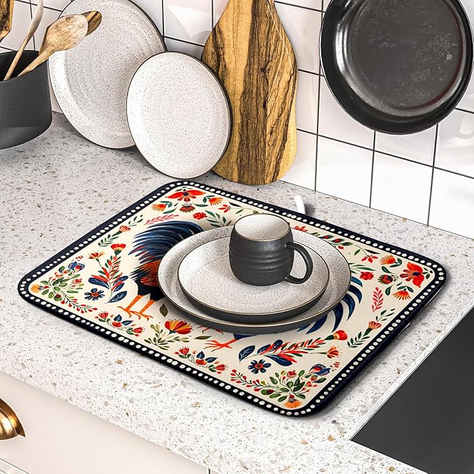Roosters Chicken Dish Drying Mat for Kitchen Counter Absorbent Microfiber Drying Pad 16 x18 In - Image 5
