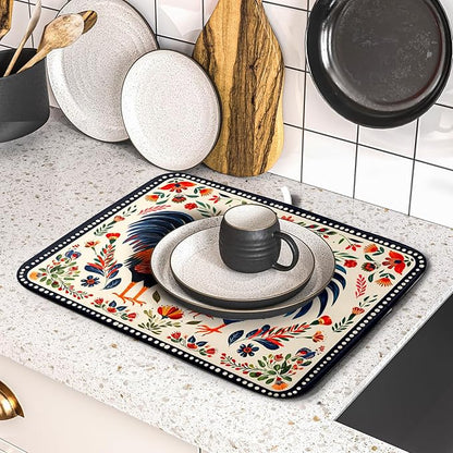Roosters Chicken Dish Drying Mat for Kitchen Counter Absorbent Microfiber Drying Pad 16 x18 In - Image 5