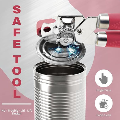 Manual Can Opener with Magnet, Heavy Duty Hand Can and Bottle Opener with Stainless Steel Blade and Rubber Grip, Smooth Cutting Hand Can Openers for Senior, Magnetic Lid Remover Kitchen Tool (Red)
